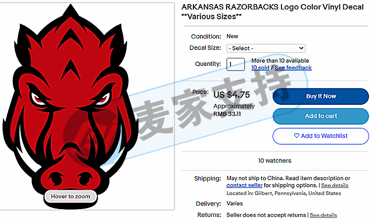 立即下架！注意ARKANSAS RAZORBACKS的红色野猪商标！Keith律所发案维权，已向专利商标局邮寄商标报告！