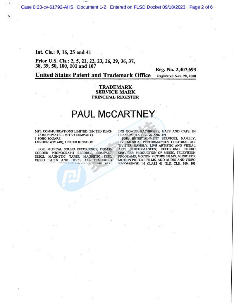 SMG律所代理英国音乐家Paul McCartney3个商标再维权，listing包含也会有TRO冻结风险哦！
